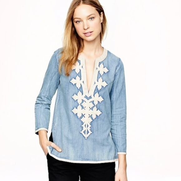 J Crew Chambray Shirt Embroidered tunic in‎ Size 2 A8431 Soutache embroid… - Picture 1 of 9